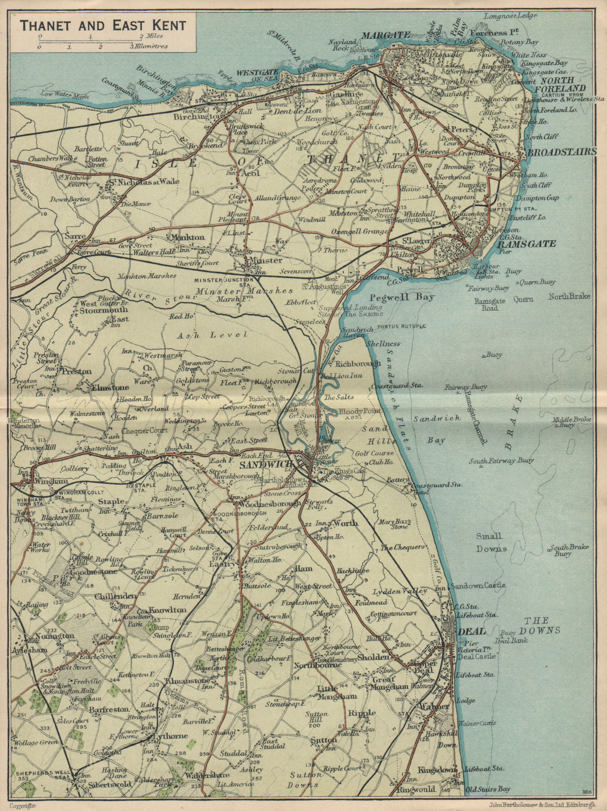 THANET & EAST KENT. Sandwich Deal Ramsgate Margate Broadstairs 1939 old map